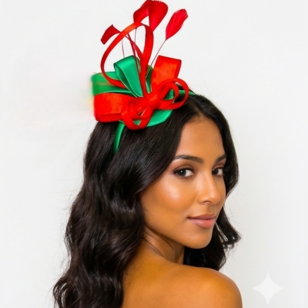 Beloved Millinery Pretty Holiday Christmas 3 PC Red Green Pillbox Fascinator